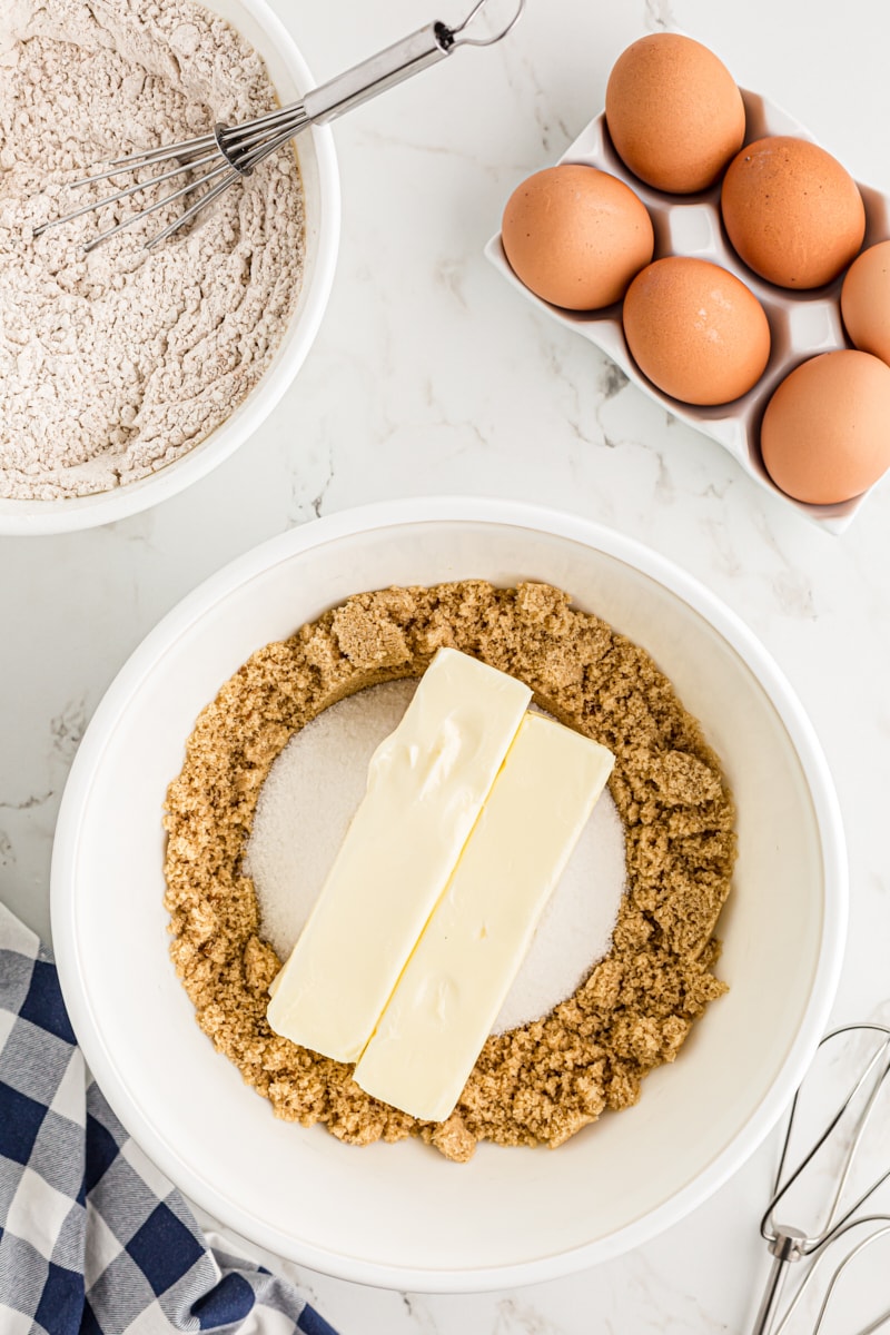 Butter, sugar, and brown suguar in a bowl