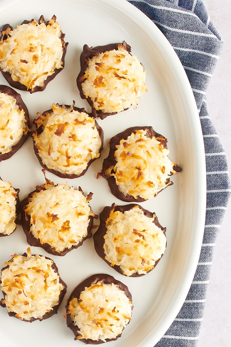 overhead view of Coconut Macaroons on a large white plate