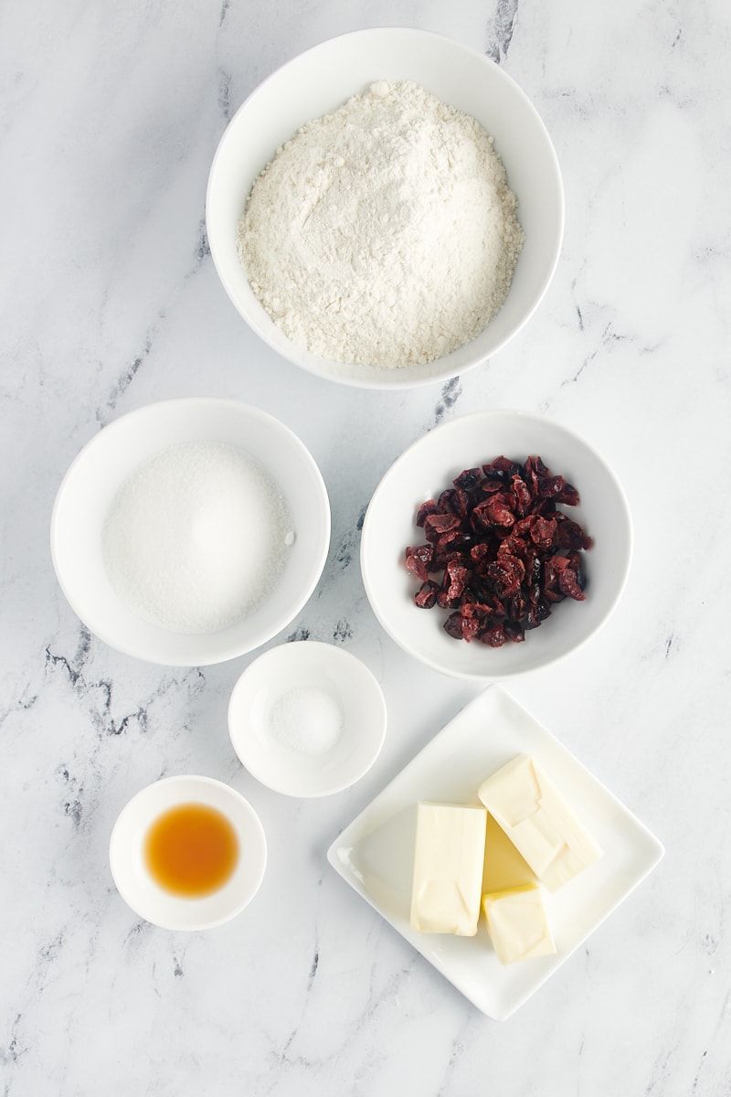 overhead view of ingredients for Cranberry Shortbread Cookies