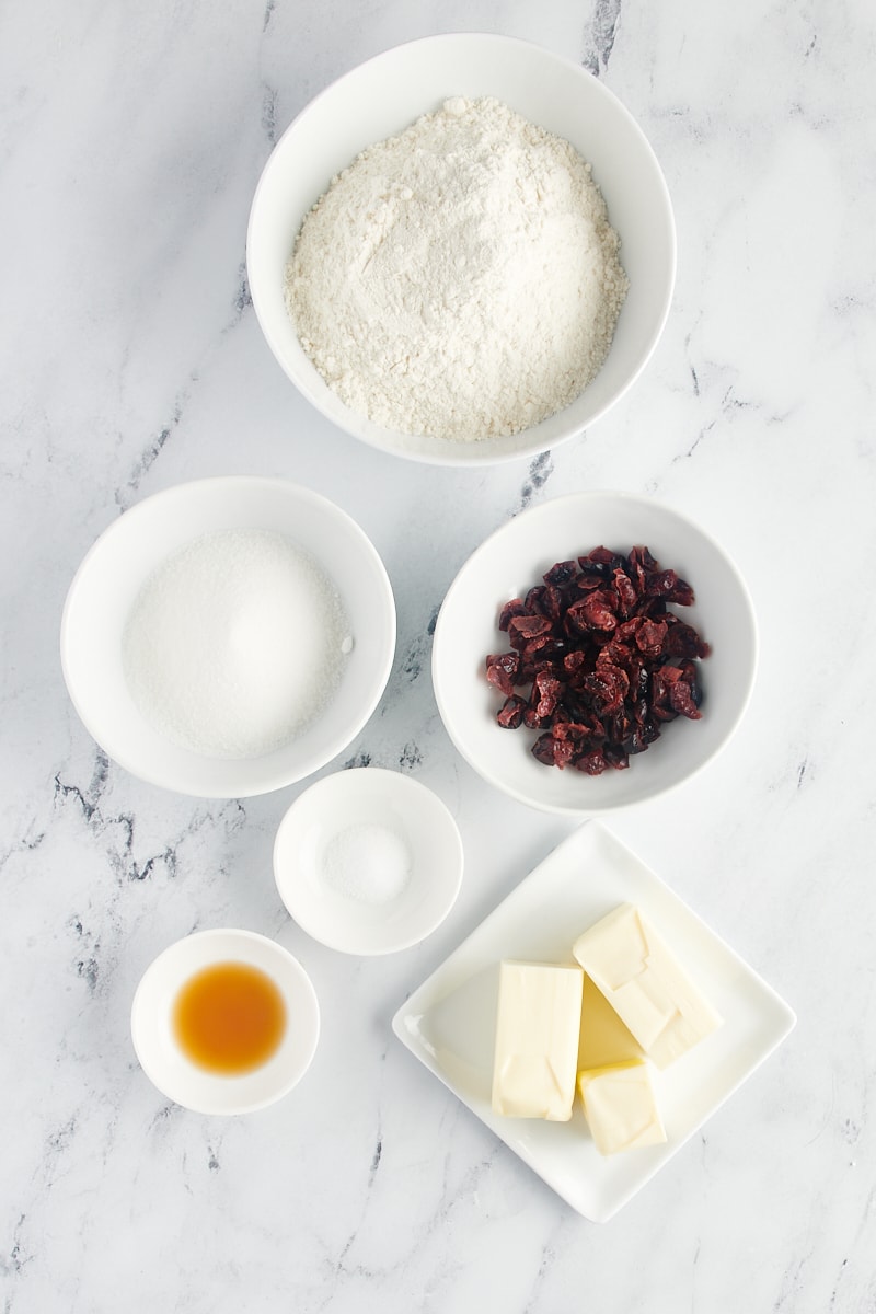 Overhead view of ingredients for cranberry shortbread cookies.