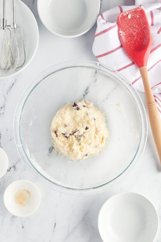 overhead view of Cranberry Shortbread Cookie dough shaped into a disc