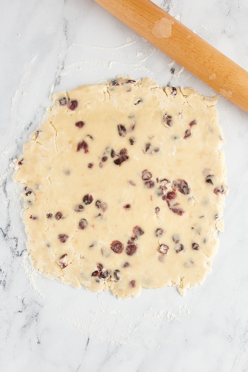 overhead view of Cranberry Shortbread Cookie dough rolled into a rectangle