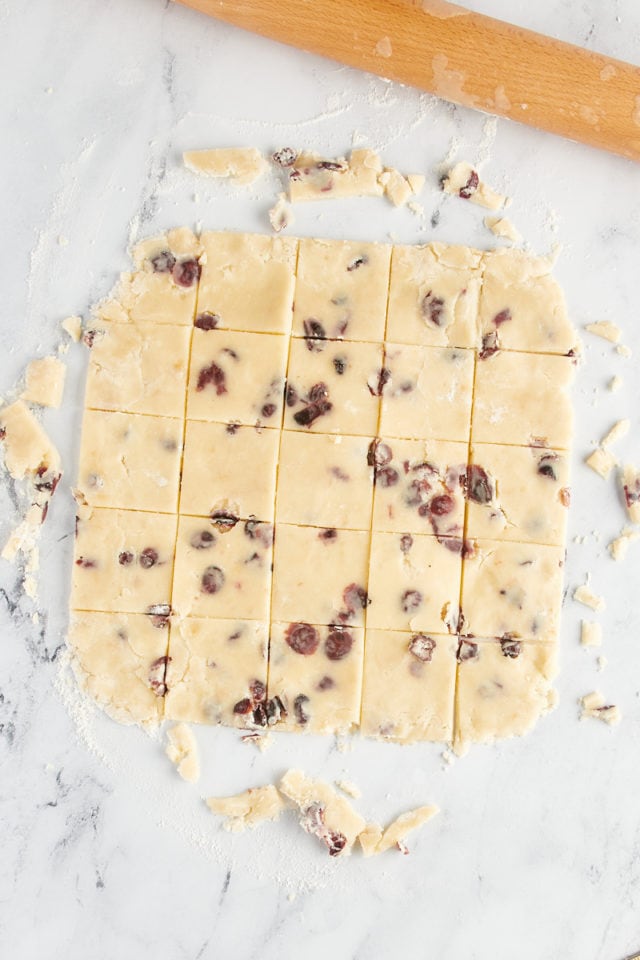 overhead view of cut Cranberry Shortbread Cookie dough