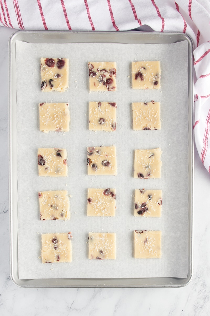 overhead view of Cranberry Shortbread Cookies on a parchment-lined baking sheet ready to go into the oven
