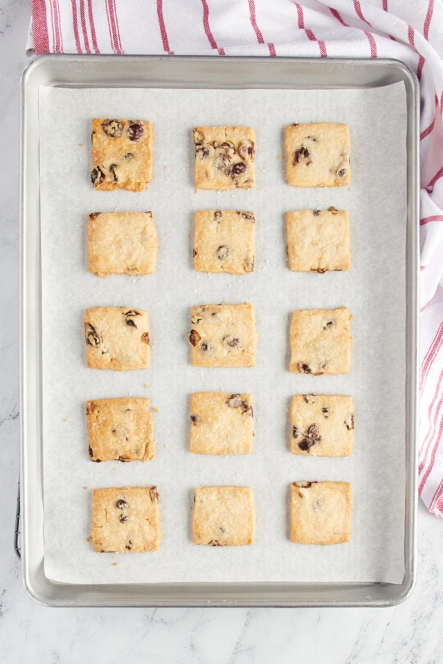 overhead view of freshly baked Cranberry Shortbread Cookies on a parchment-lined baking sheet