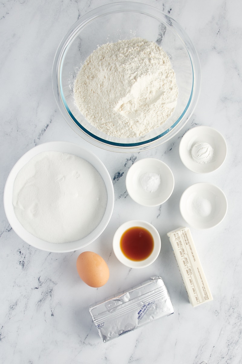 Overhead view of ingredients for drop sugar cookies.