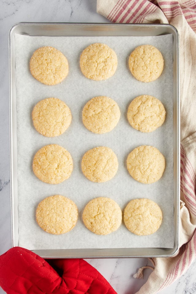 Overhead view of freshly baked sugar cookies on a parchment-lined baking sheet.