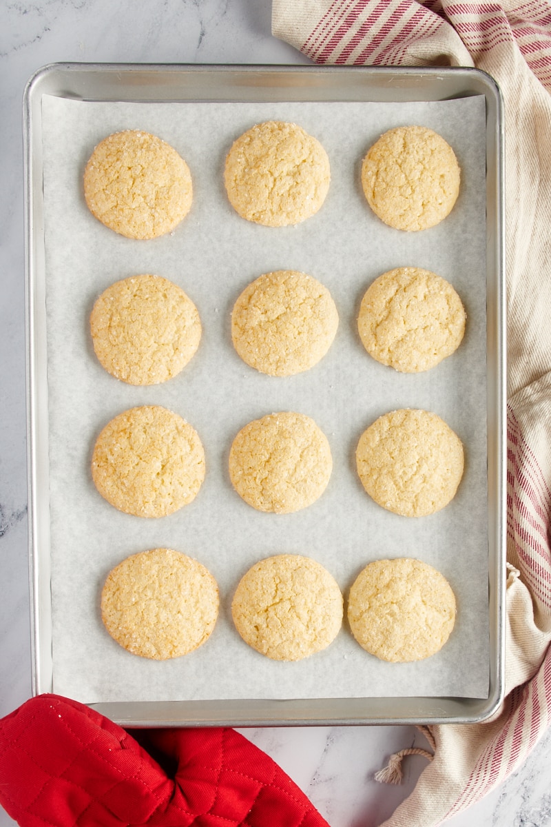 overhead view of freshly baked sugar cookies on a parchment-lined baking sheet