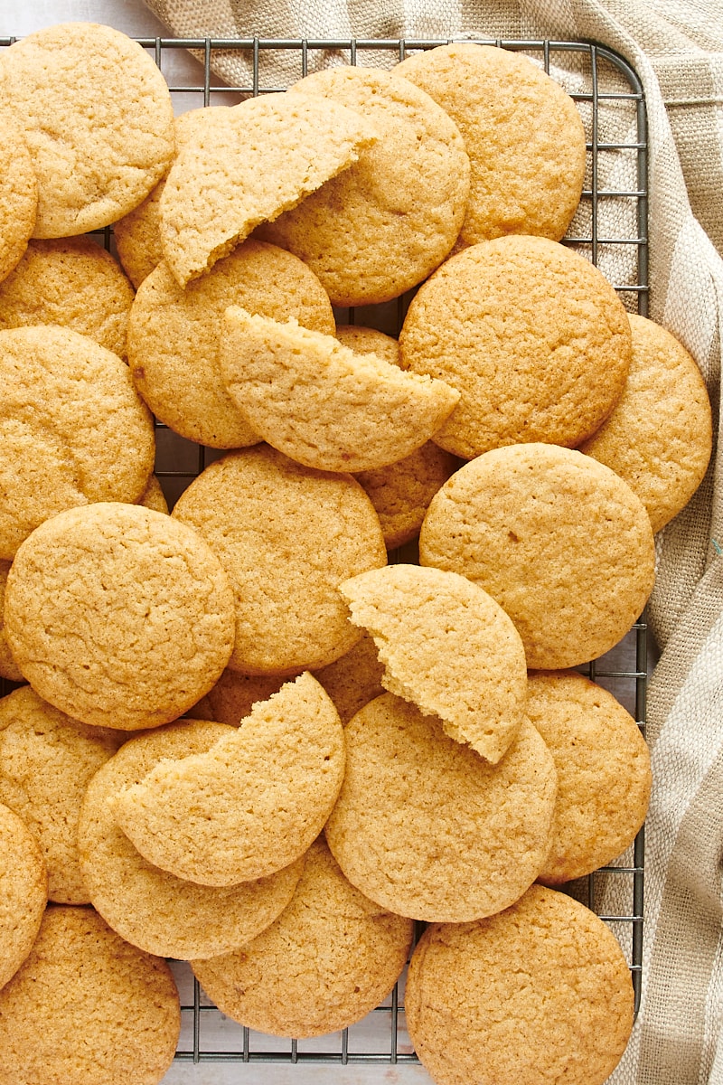 overhead view of Gingerdoodle Cookies piled on a wire cooling rack