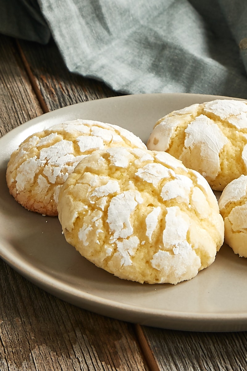 Key Lime Crinkle Cookies on a beige plate