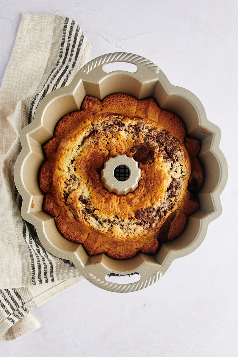 overhead view of freshly baked Marble Bundt Cake in a Bundt pan