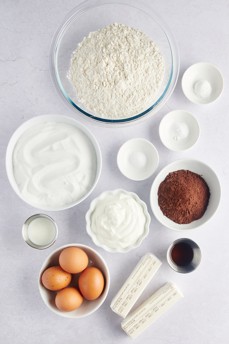 overhead view of ingredients for Marble Bundt Cake
