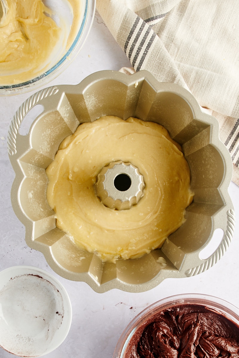 overhead view of vanilla cake batter in a Bundt pan