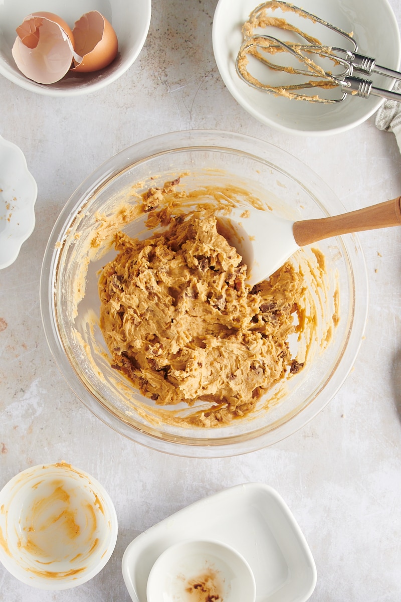 Peanut butter cookie dough in mixing bowl