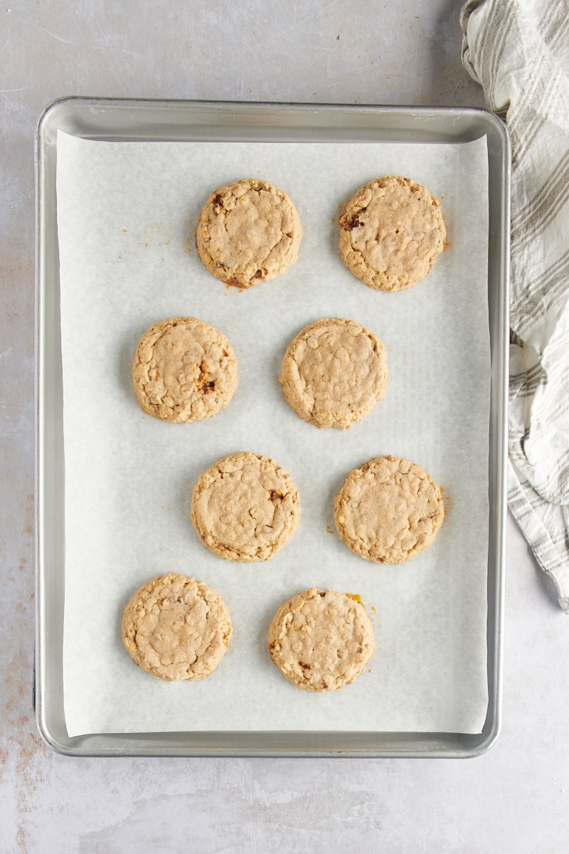 Overhead view of Outrageous Peanut Butter Cookies on baking sheet