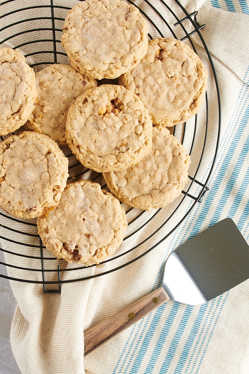 Overhead view of Outrageous Peanut Butter Cookies on cooling rack