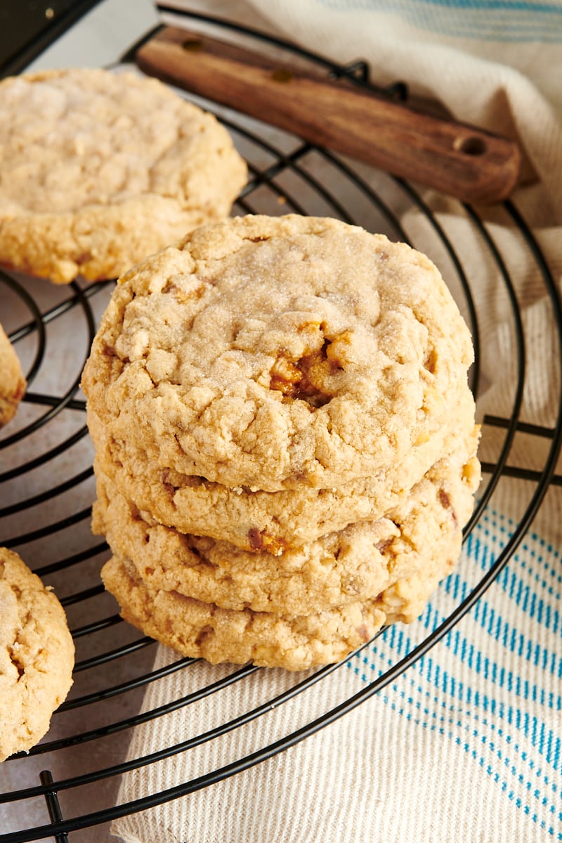 Stack of Outrageous Peanut Butter Cookies on cooling rack