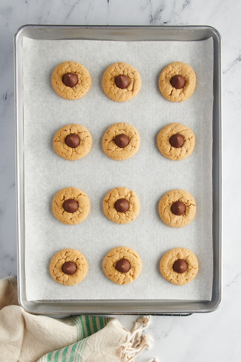 overhead view of Peanut Butter Blossoms on a parchment-lined baking sheet