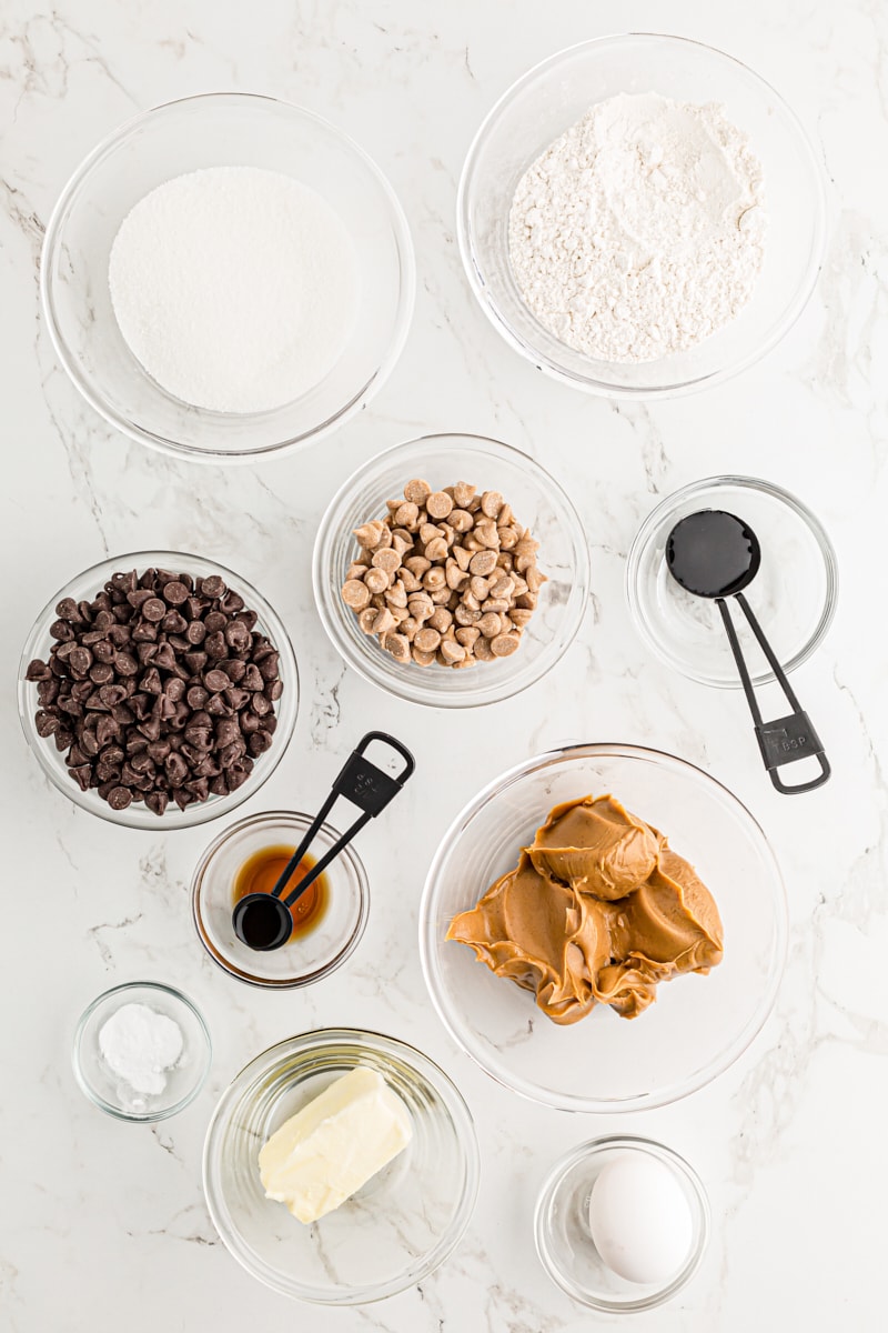 Overhead view of brownie peanut butter cup ingredients