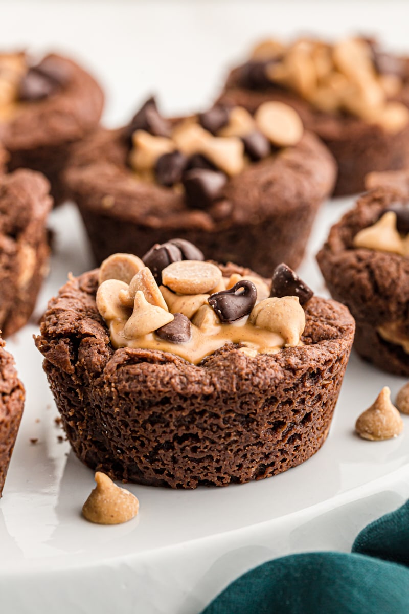 Brownie peanut butter cups on cake stand