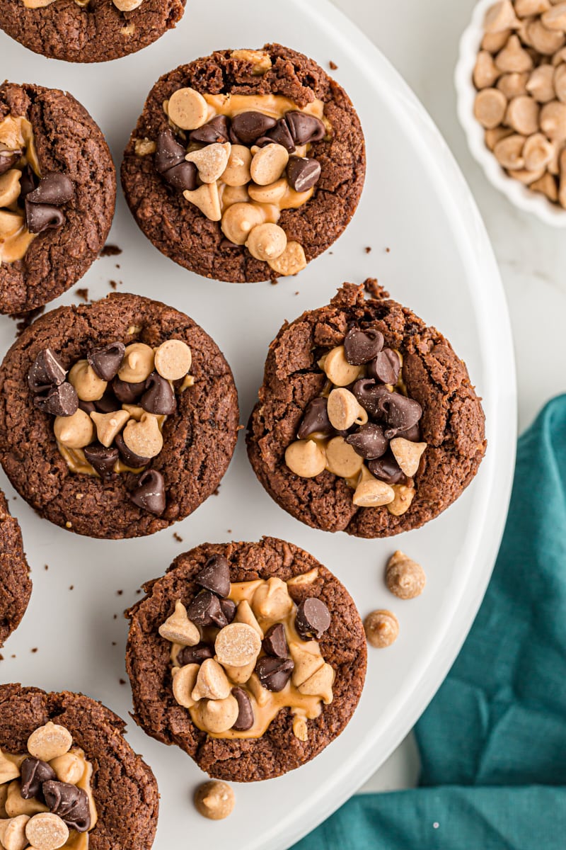 Brownie peanut butter cups on cake stand