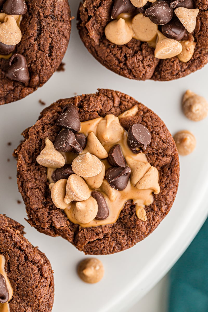 Brownie peanut butter cups on cake stand