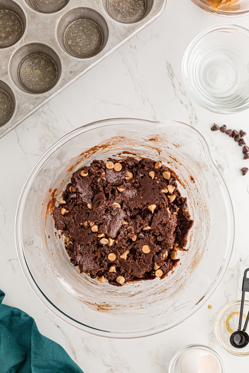 Overhead view of brownie batter in mixing bowl