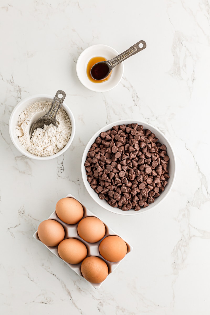 Overhead view of ingredients for chocolate mousse mini cupcakes