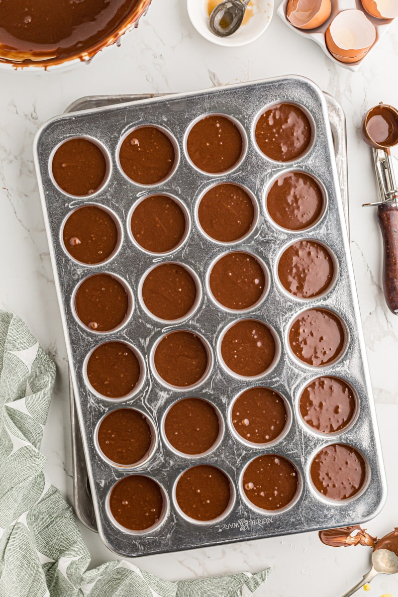 Chocolate mousse mini cupcake batter in pan