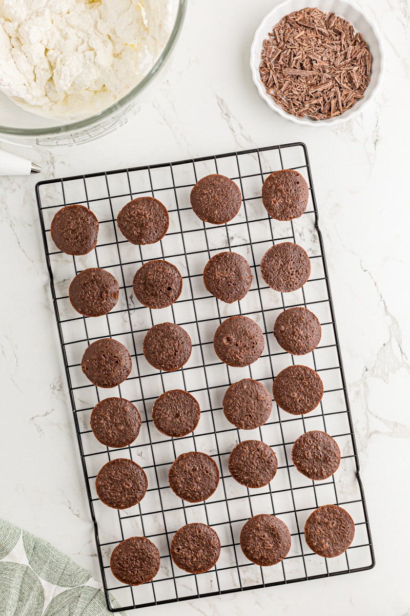 Overhead view of chocolate mousse mini cupcakes on wire rack