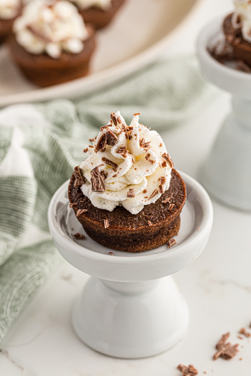 Chocolate mousse mini cupcake on small pedestal