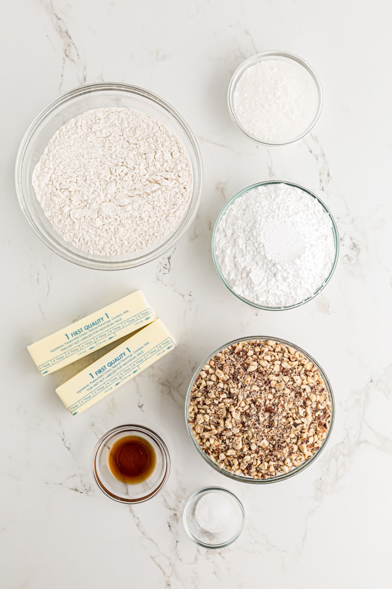 Overhead view of hazelnut crescent cookie ingredients