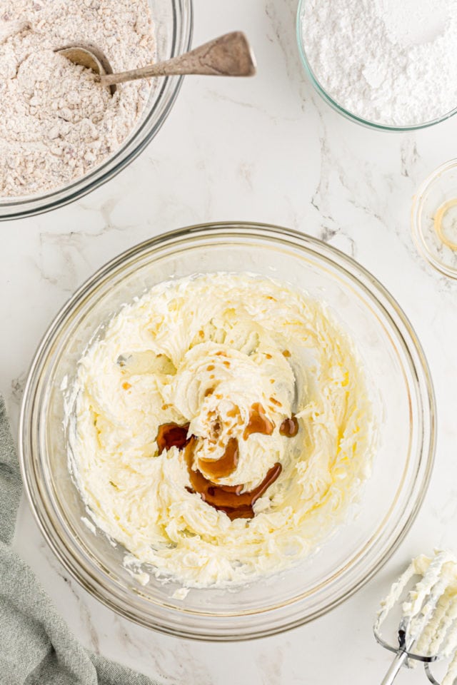 Overhead view of wet ingredients for nut crescents