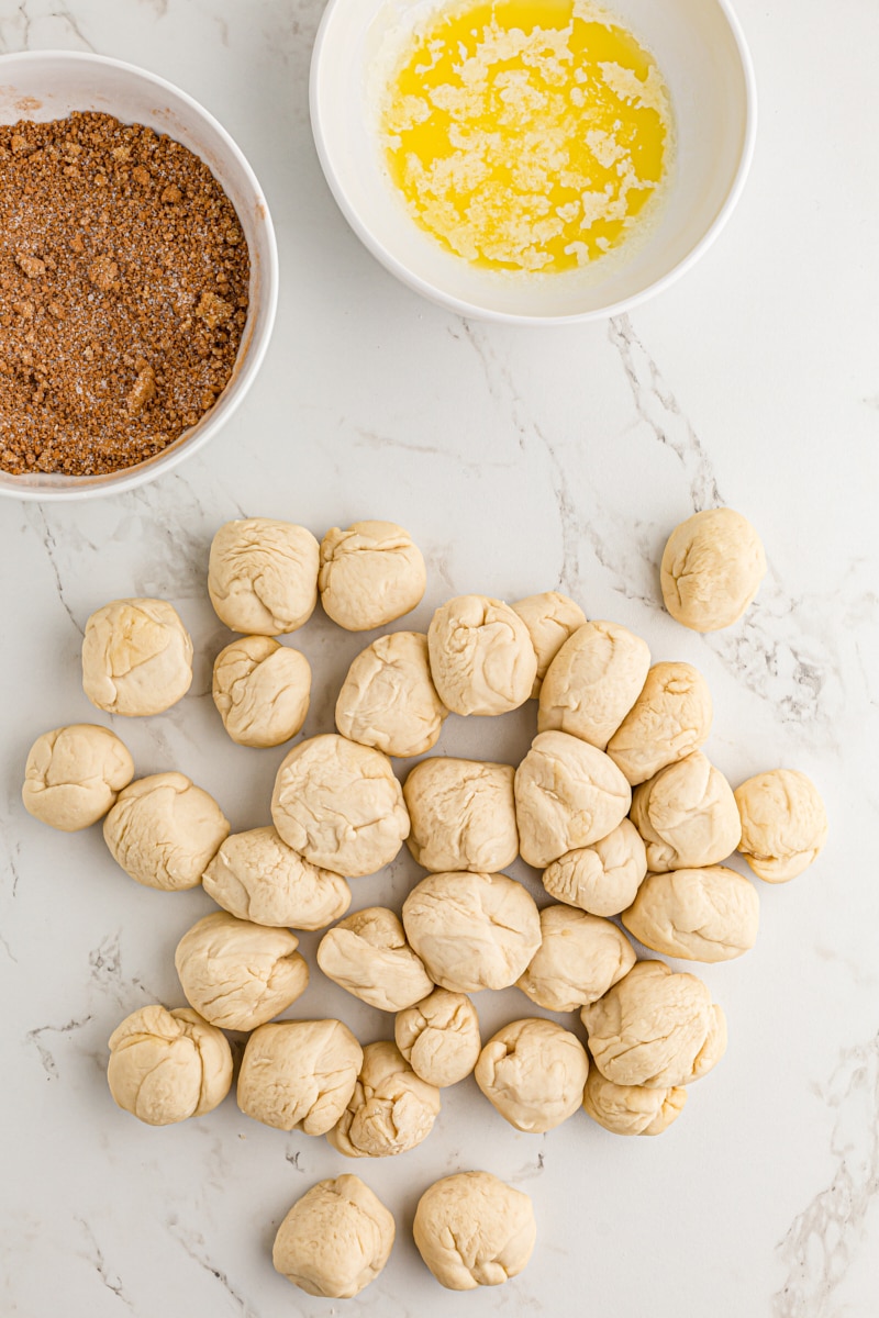 overhead view of portioned bread dough for Monkey Bread