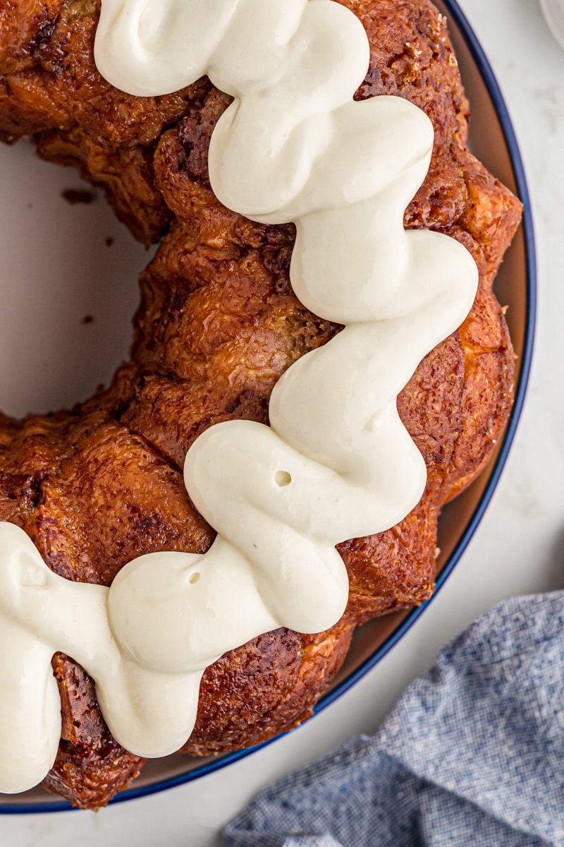 overhead view of Monkey Bread topped with cream cheese icing