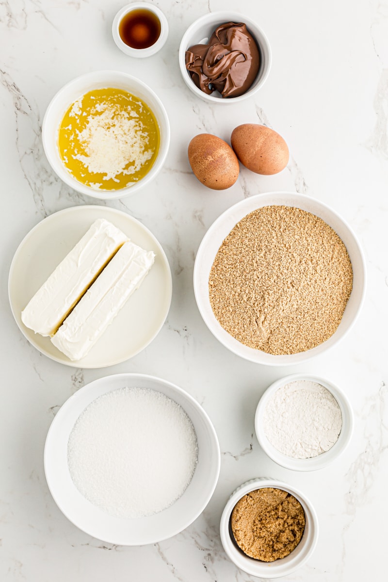 Overhead view of Nutella swirl cheesecake bar ingredients