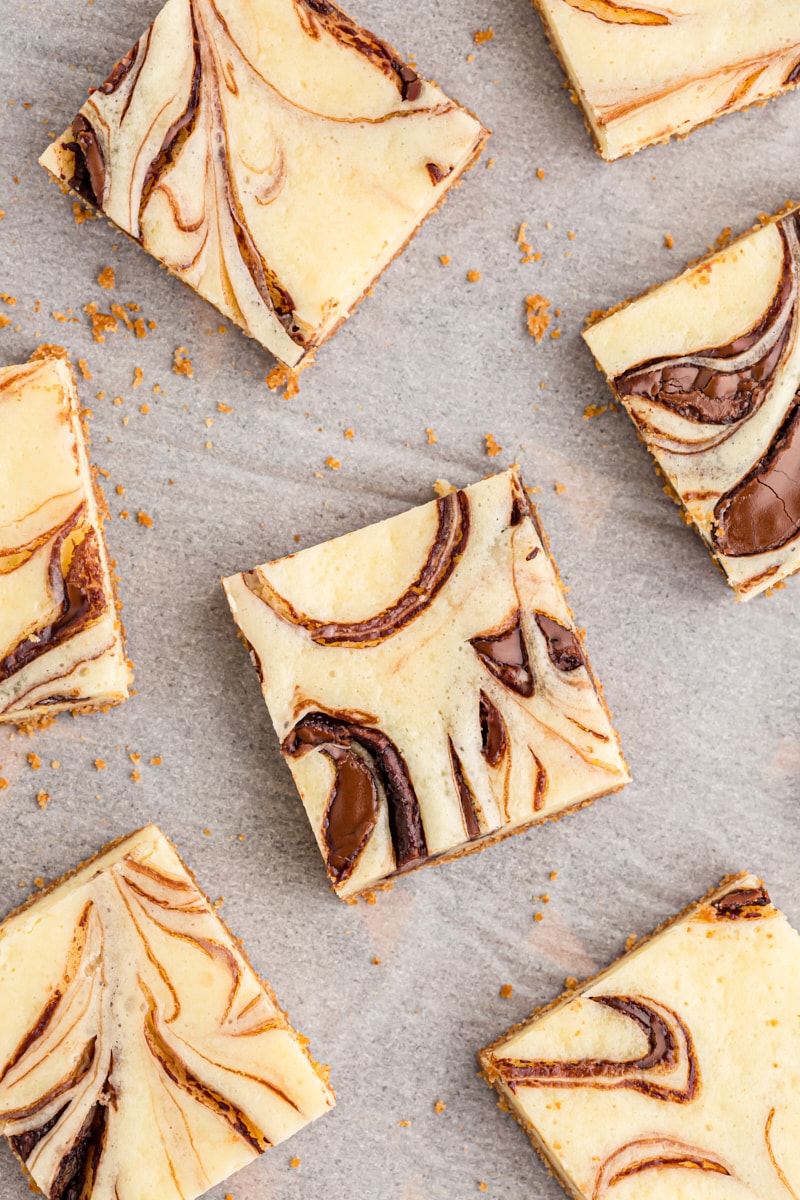 Overhead view of Nutella swirl cheesecake bars