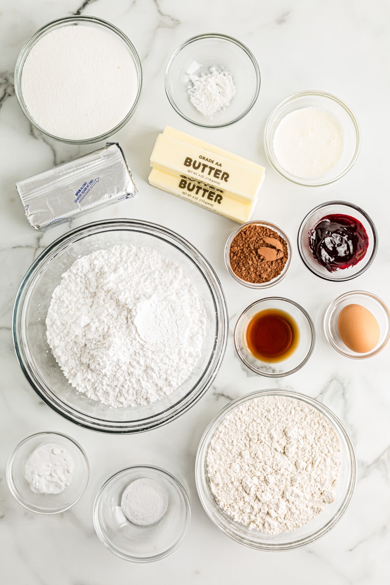 overhead view of ingredients for Red Velvet Cookies