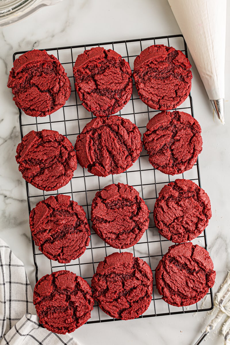 overhead view of Red Velvet Cookies on a wire cooling rack