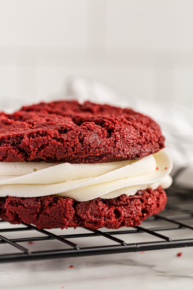 close-up view of a Red Velvet Cookie on a wire rack