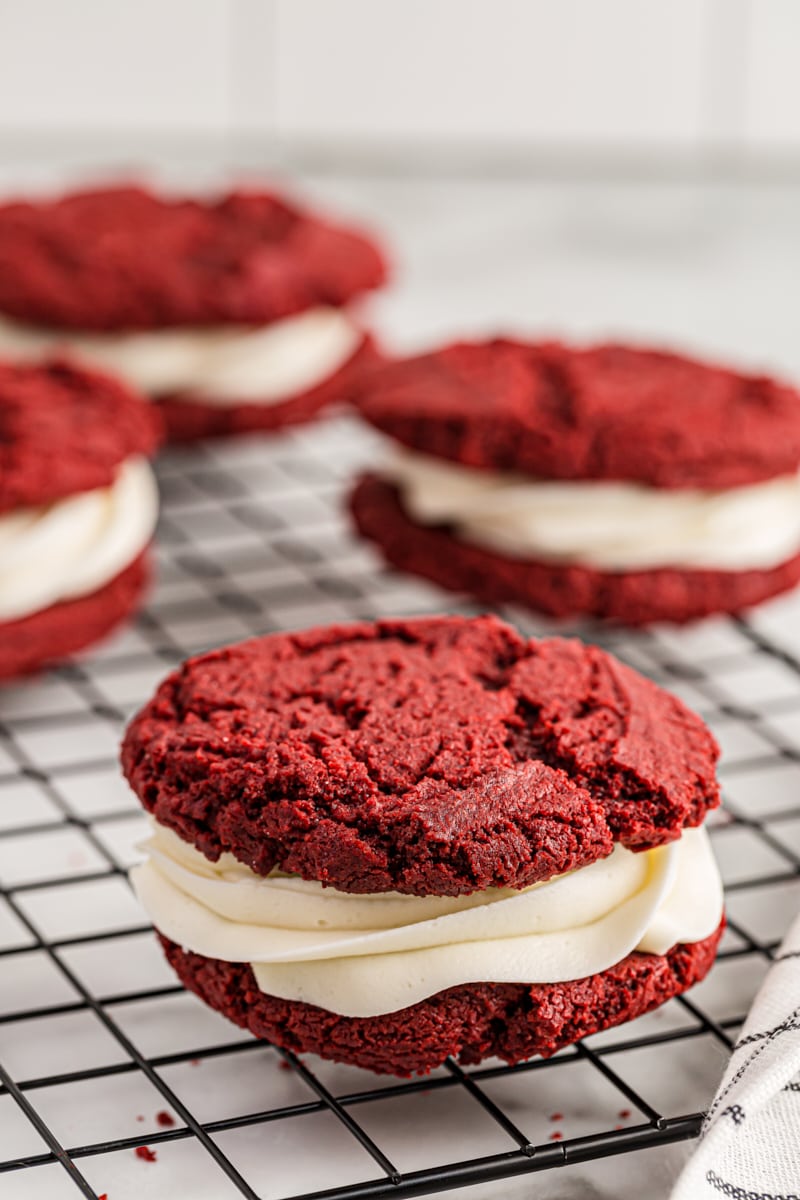 Red Velvet Cookies on a wire rack