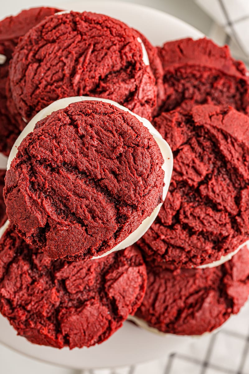 overhead view of Red Velvet Cookies on a cake stand