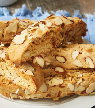 a pile of Almond Biscotti on a white plate