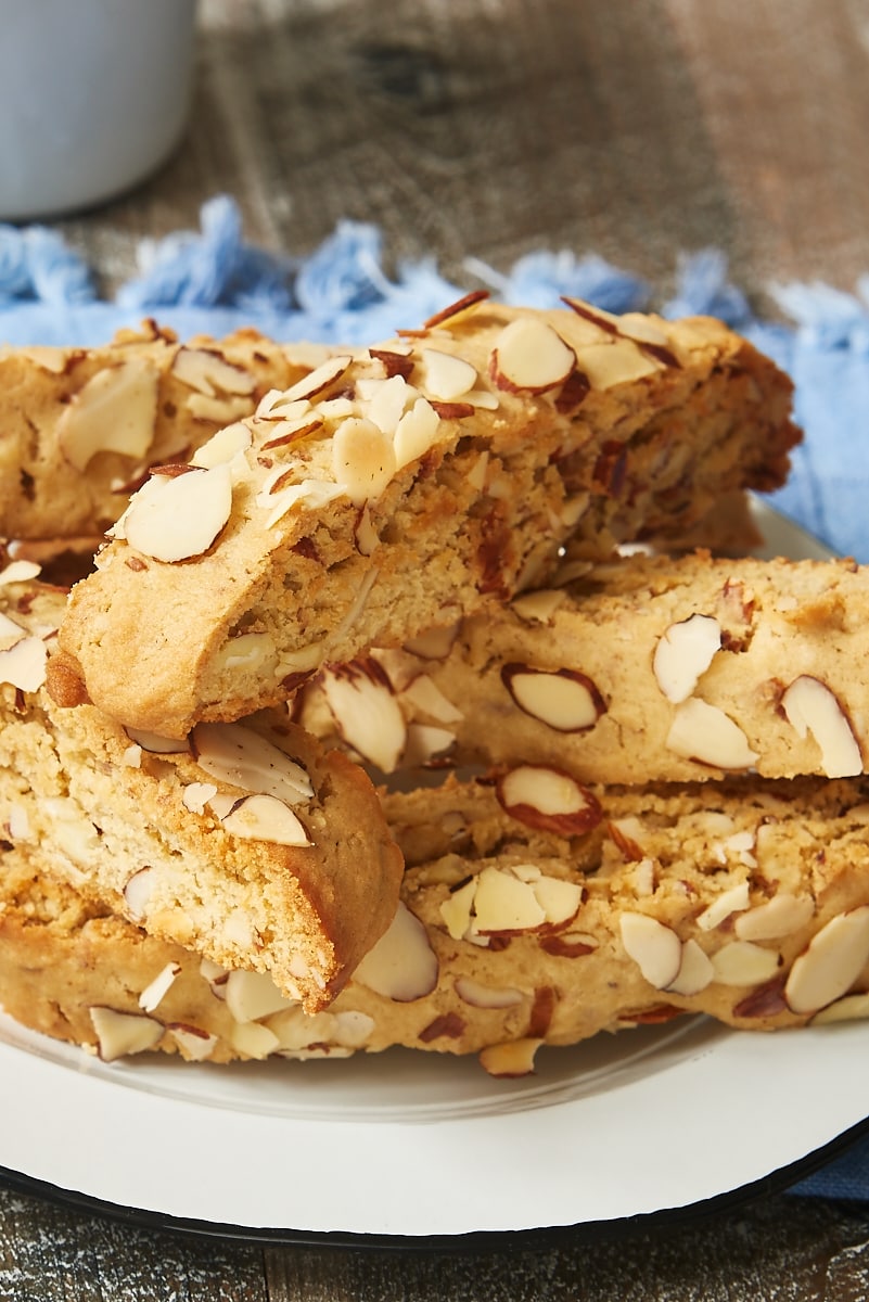 a pile of Almond Biscotti on a white plate