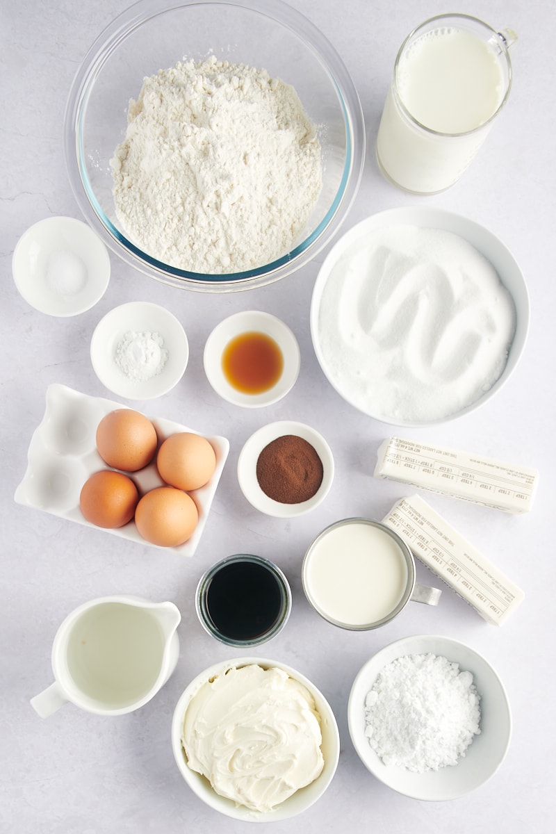 Overhead view of ingredients for tiramisu cake