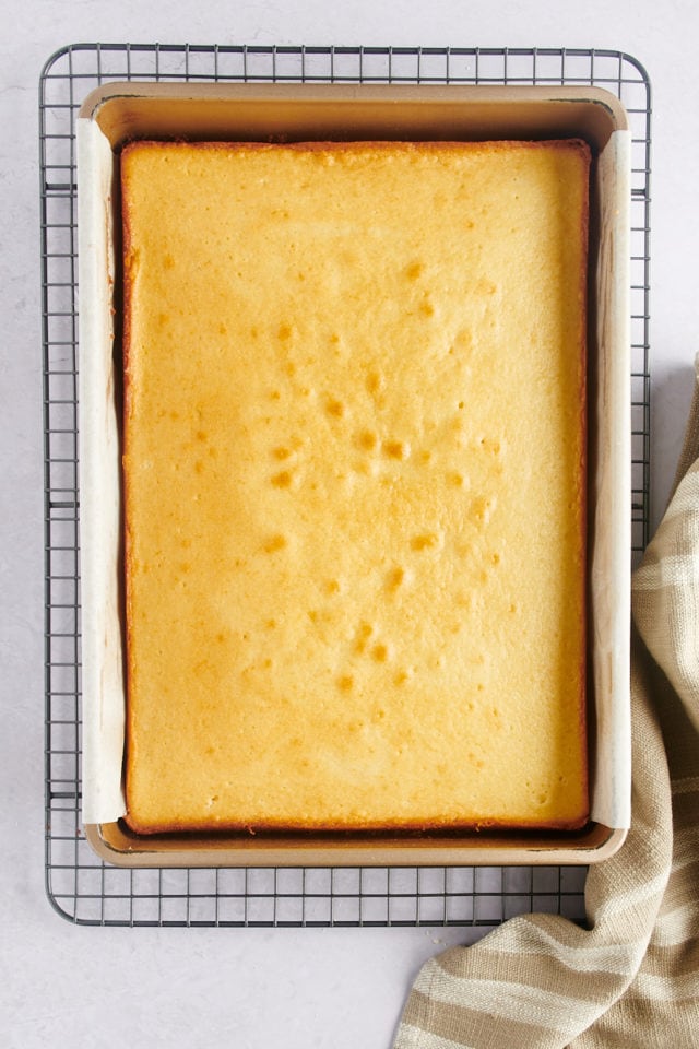 Overhead view of a baked vanilla cake in a pan.