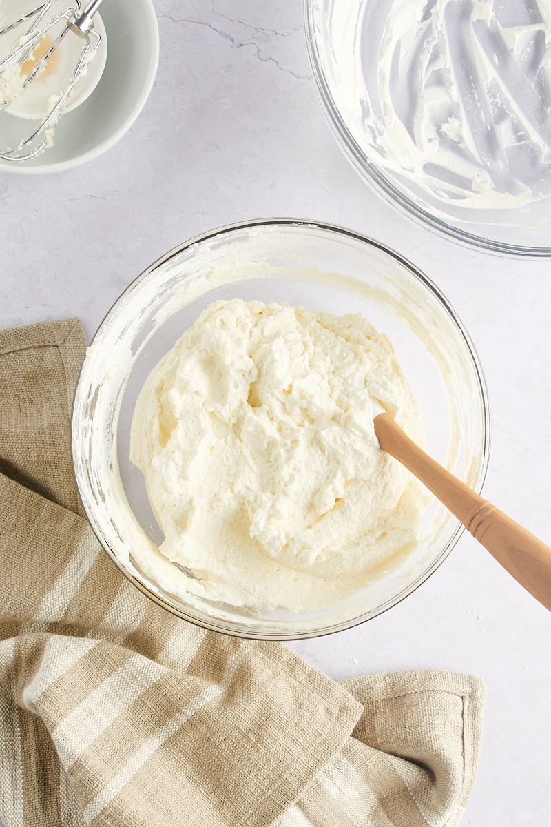 Mascarpone frosting in mixing bowl