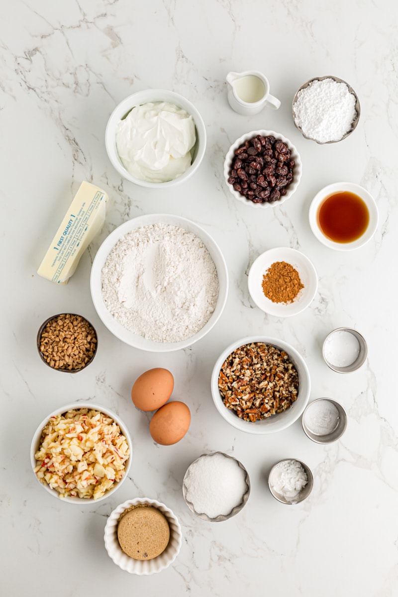 Overhead view of ingredients for apple streusel coffee cake