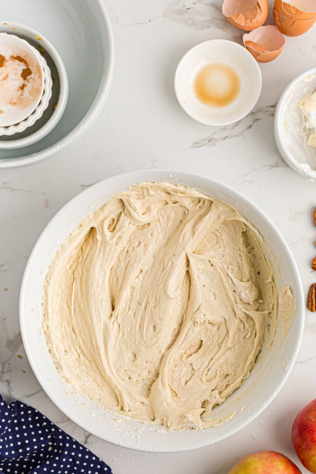 Overhead view of coffee cake batter in mixing bowl