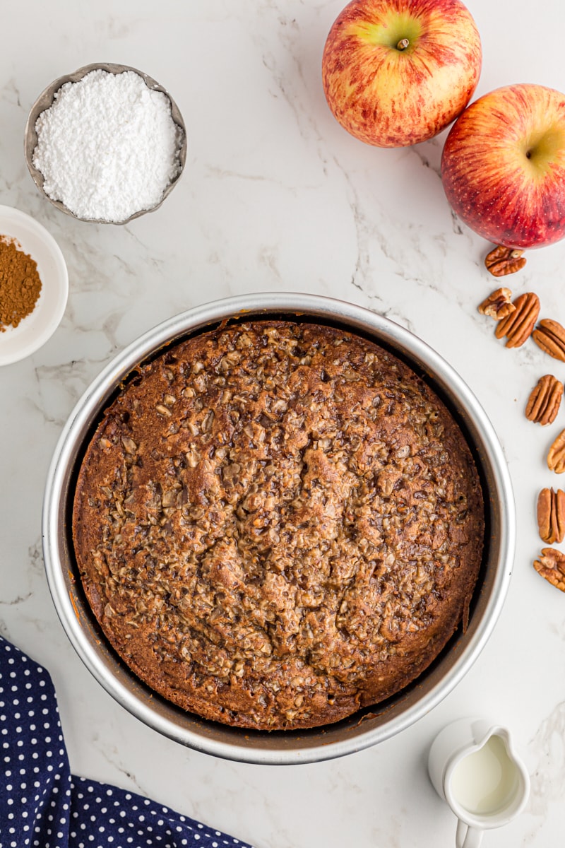 Overhead view of apple streusel coffee cake in pan